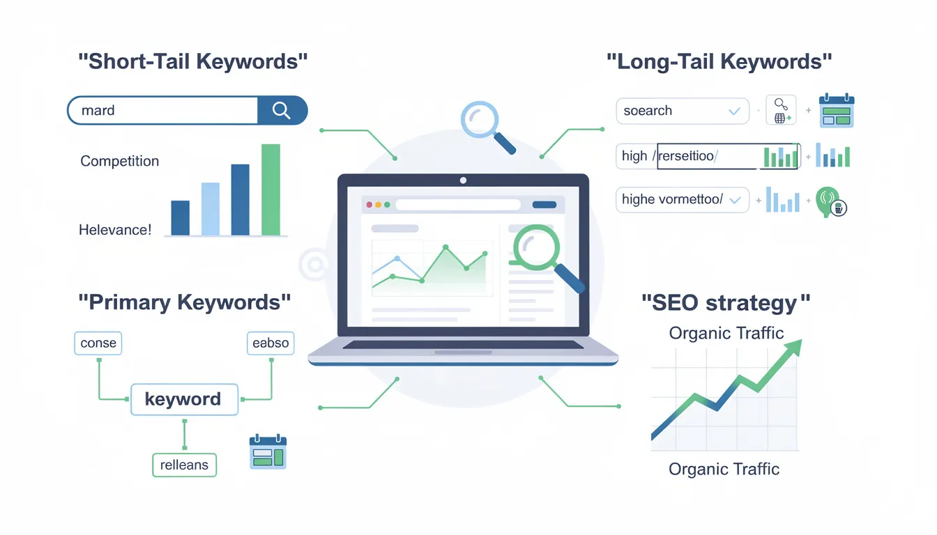 An informative graphic illustrating the different types of SEO keywords, including short-tail and long-tail keywords, which are essential for effective search engine optimization. The image highlights the distinctions in search volume and competition, emphasizing how targeting long-tail keywords can help websites attract more relevant traffic and improve search engine rankings.