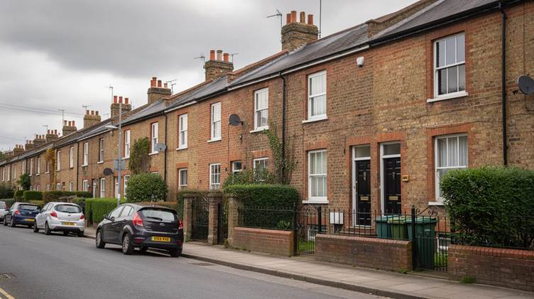 The image shows a row of charming terraced houses lining a quiet residential street in the UK, each featuring colorful facades and small front gardens. This tranquil setting reflects the financial stability often sought through mortgage deals, where homeowners manage their monthly repayments and explore options for remortgaging to secure better rates.