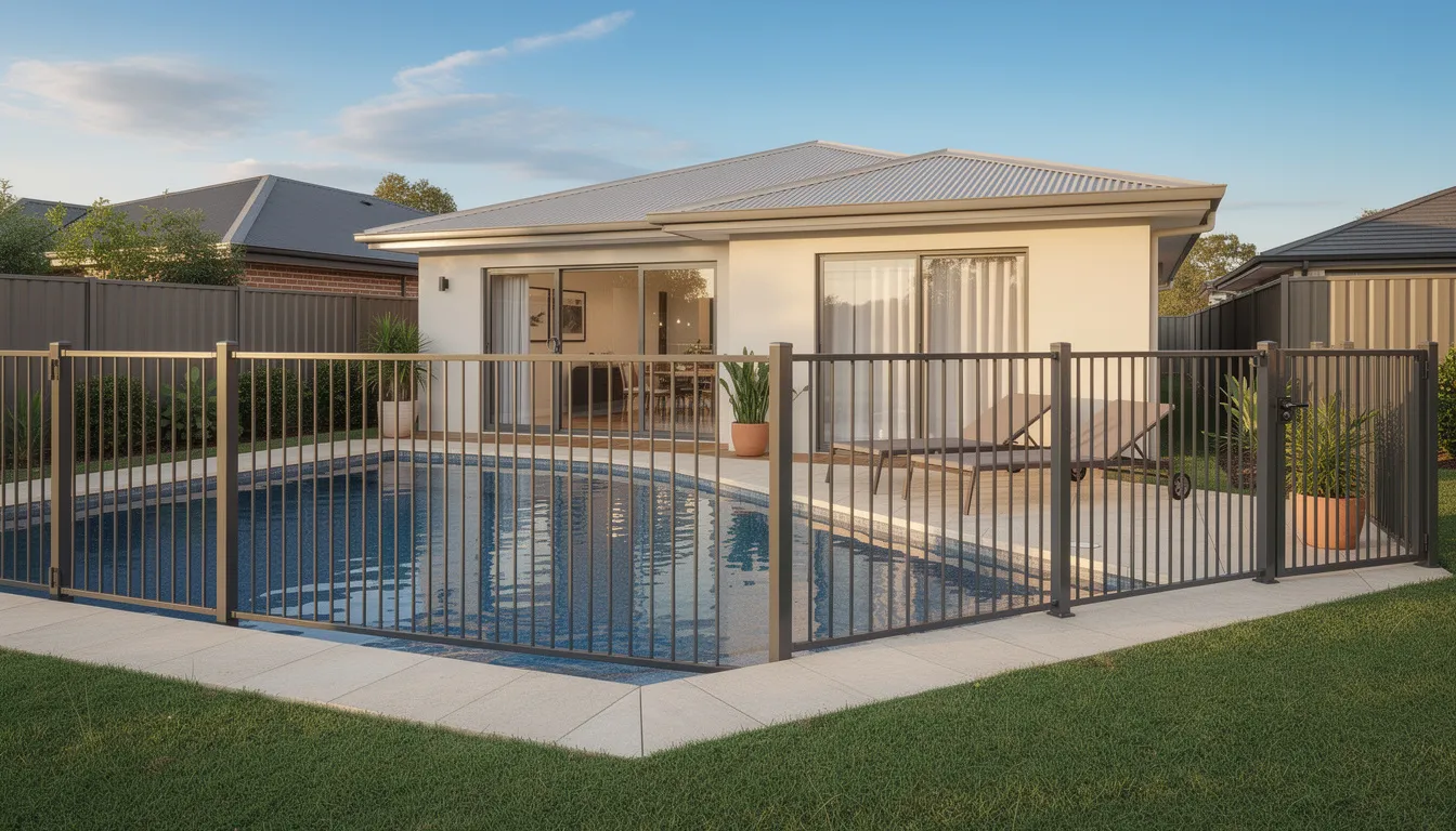 A Colorbond fence encloses a stylish backyard pool area, with a modern home visible in the background, emphasizing both safety and aesthetic appeal. This quality fencing provides a secure boundary while enhancing the property’s overall curb appeal.