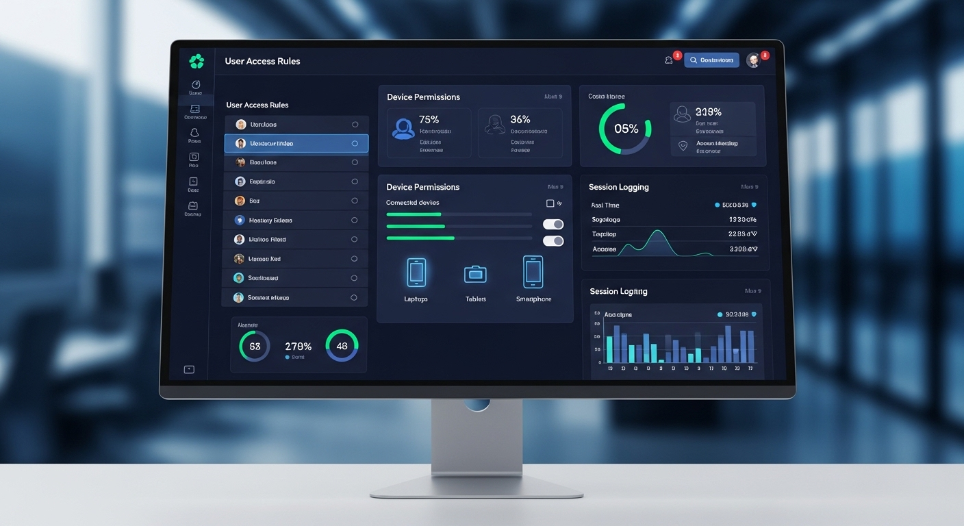 Centralized cloud desktop control panel managing user access rules, device permissions, and session logging.
