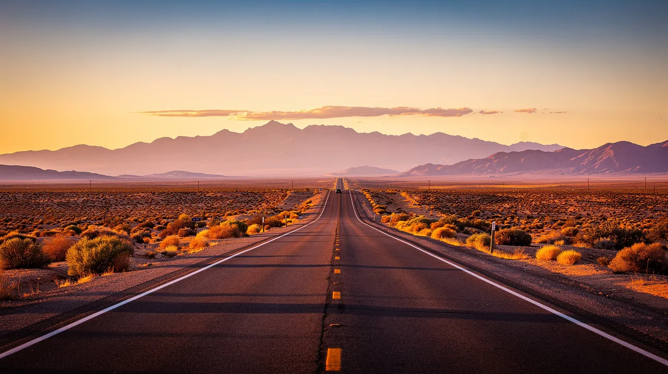 A long, straight two-lane highway stretches toward purple mountains during golden hour, with the silhouette of a car in the distance, embodying the spirit of adventure along the historic Route 66. This scene captures the scenic beauty of America’s Mother Road, inviting travelers to explore its rich history and cultural attractions.