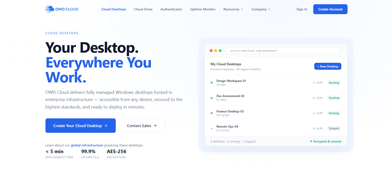 OWD Cloud homepage showcasing secure cloud desktops and managed virtual workspace solutions for developers and remote teams.
