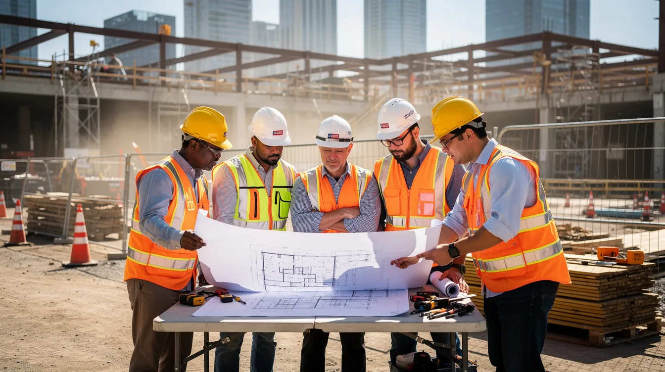 A group of construction workers wearing safety vests and hard hats are gathered on an active commercial job site, intently reviewing blueprints. The scene reflects a strong construction safety culture as they collaborate on managing projects and ensuring the proper access to resources needed for their work.