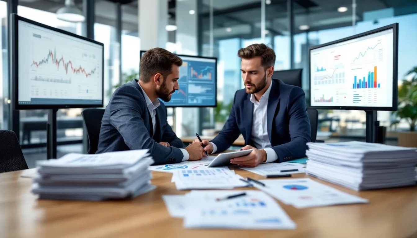 A person is reviewing various charts and documents related to their diverse investment portfolio, focusing on their retirement plan and financial future. The scene highlights the importance of informed decisions in retirement planning, including investment strategies and potential income sources.
