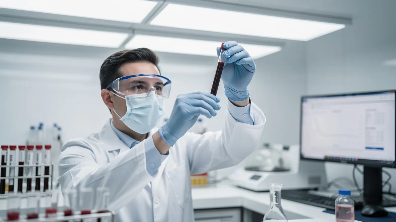 A laboratory scientist, wearing a white lab coat and safety goggles, is intently examining a blood sample under bright overhead lights, surrounded by various scientific equipment. The scene emphasizes the meticulous work involved in research, potentially related to the effects of CBD and its metabolism in the body.