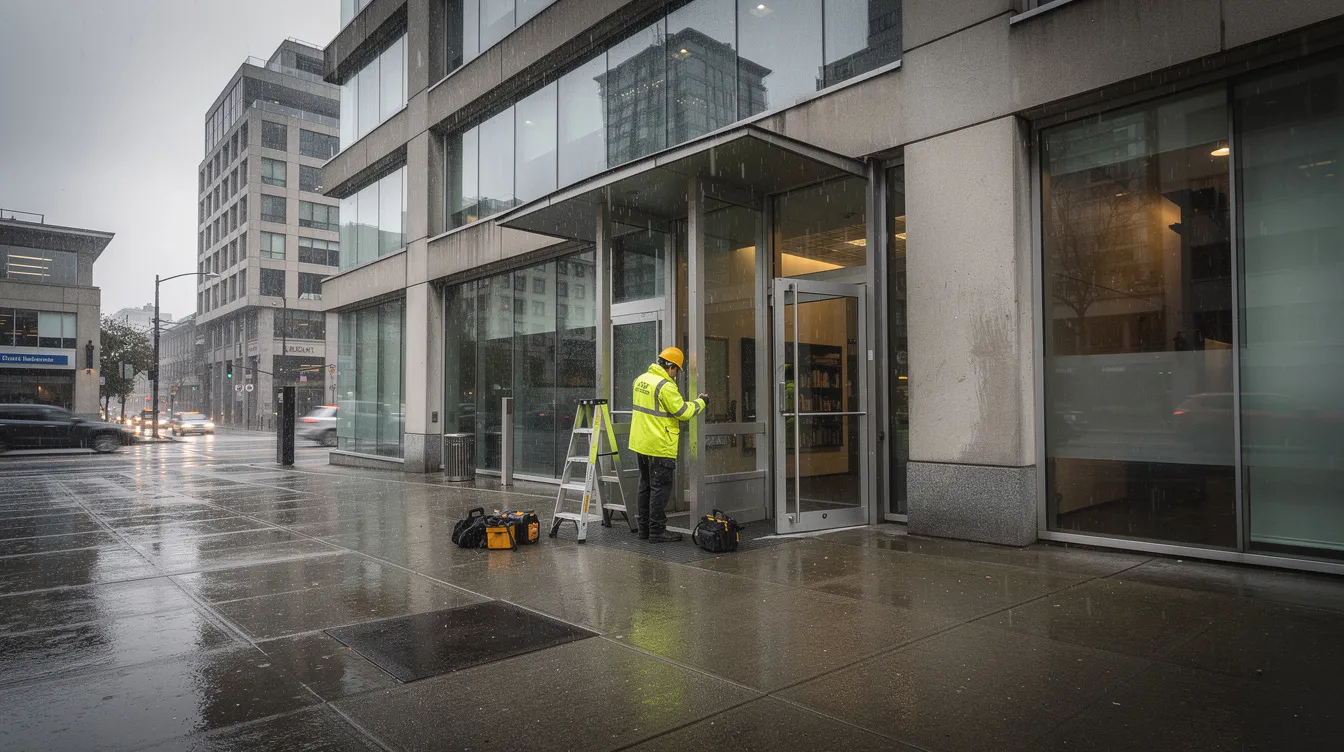 A maintenance worker is inspecting the entrance of a commercial building in rainy Vancouver, ensuring the building's appearance and structural integrity are well maintained. The scene highlights the importance of routine maintenance tasks in preventing unplanned downtime and ensuring occupant safety.