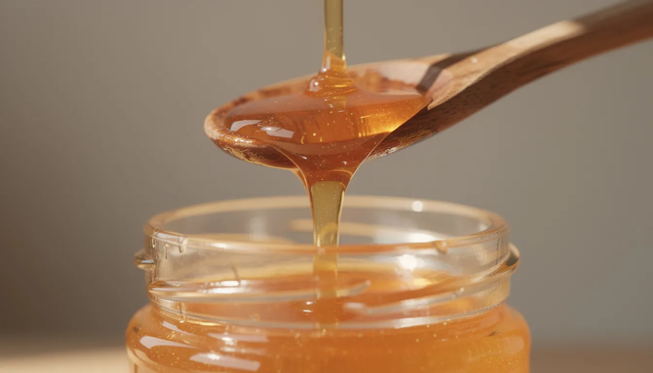 Une cuillère en bois déverse du miel doré et visqueux dans un pot, mettant en valeur la texture riche et l'éclat du miel de manuka, un produit néo-zélandais réputé pour ses bienfaits sur la santé et son origine unique. Ce miel, issu des fleurs de l'arbrisseau leptospermum scoparium, est apprécié pour ses propriétés bénéfiques pour le système immunitaire et sa qualité exceptionnelle.