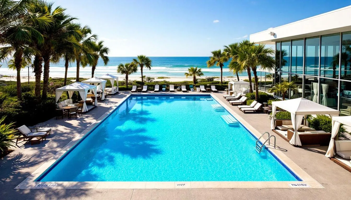 The image showcases the Port Royal Club's Olympic-sized pool, offering stunning views of the Gulf of Mexico, surrounded by luxurious poolside cabanas that epitomize resort-style living in the prestigious Port Royal neighborhood. This tranquil outdoor retreat invites relaxation and enjoyment, perfect for homeowners seeking an unparalleled beachfront experience in Naples, FL.