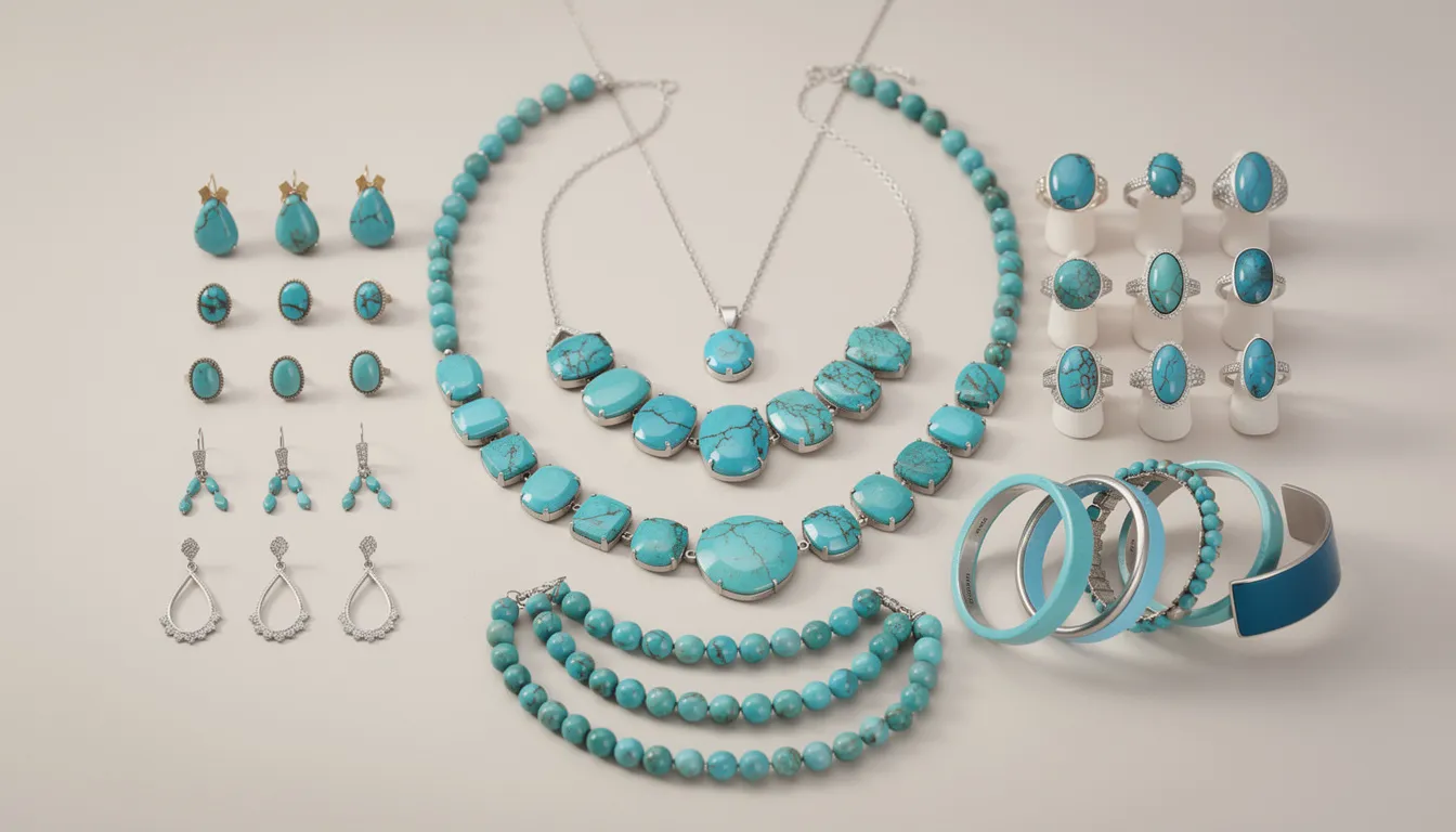 The image showcases a diverse collection of turquoise jewellery, including earrings, necklaces, rings, and bracelets, each beautifully crafted with sterling silver accents. This variety allows wearers to choose pieces that perfectly match their style for any occasion.