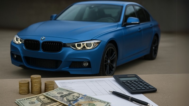 Cost calculation for wrapping a BMW in blue vinyl wrap