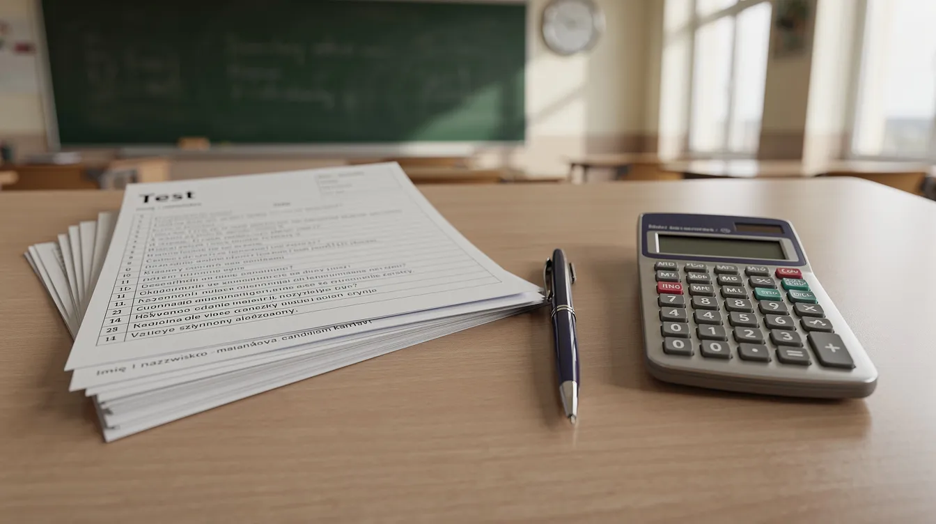 Na biurku nauczyciela znajdują się pliki testów z matematyki dla klasy 6, długopis oraz kalkulator, co sugeruje przygotowania do sprawdzianu z tematów takich jak liczby całkowite, ułamki zwykłe i wyrażenia algebraiczne. W tle można dostrzec zeszyt ćwiczeń oraz zbiór zadań, które mogą być użyteczne podczas lekcji.