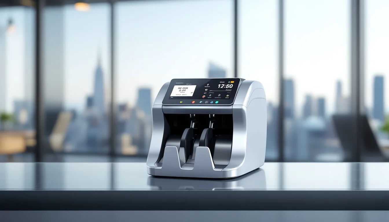 An illustration showing key features of a money counter machine.