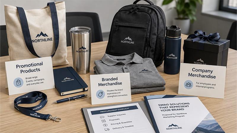 Professional B2B swag terms illustrated with promotional products, branded merchandise, and company merchandise
