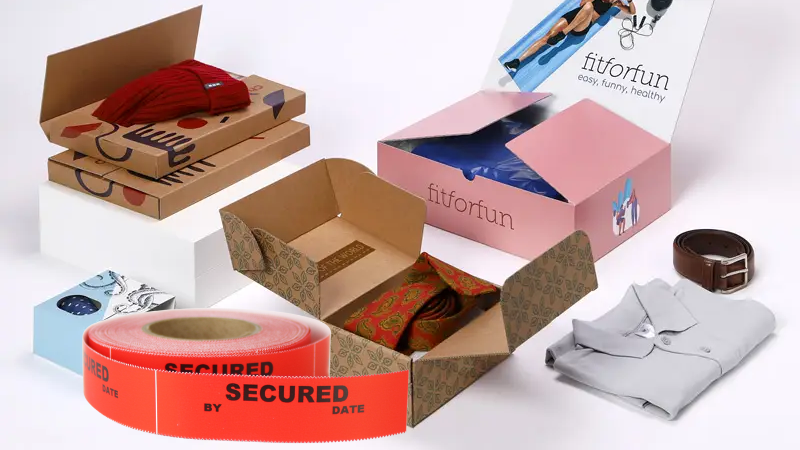 Packaging boxes with branded clothing items secured using tamper-evident red tape