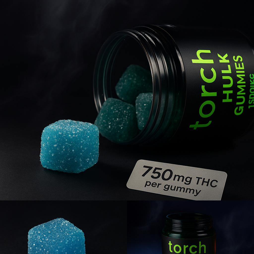 Close-up of an open jar labeled “Torch Hulk Gummies – 15,000mg” with vibrant blue sugar-coated gummies spilling out. One oversized Blue Razz gummy is highlighted in the foreground next to a label that reads “750mg THC per gummy,” with subtle smoke and lighting creating a powerful, intense atmosphere.