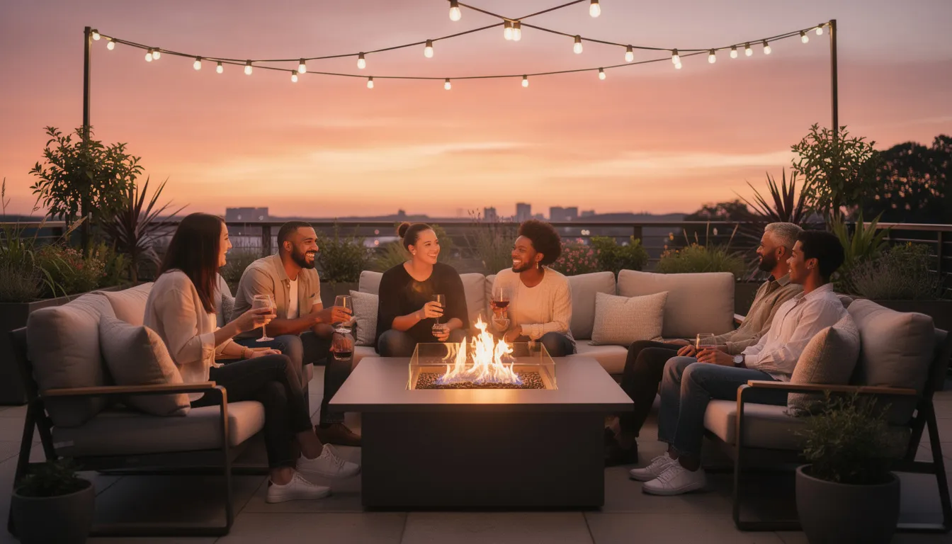 A cozy outdoor patio scene features friends gathered around a modern fire table, enjoying the warm glow of sunset and string lights overhead, creating an ideal setting for social gatherings. This spacious backyard offers a beautiful space for celebrations, making it a perfect venue for outdoor parties and events.