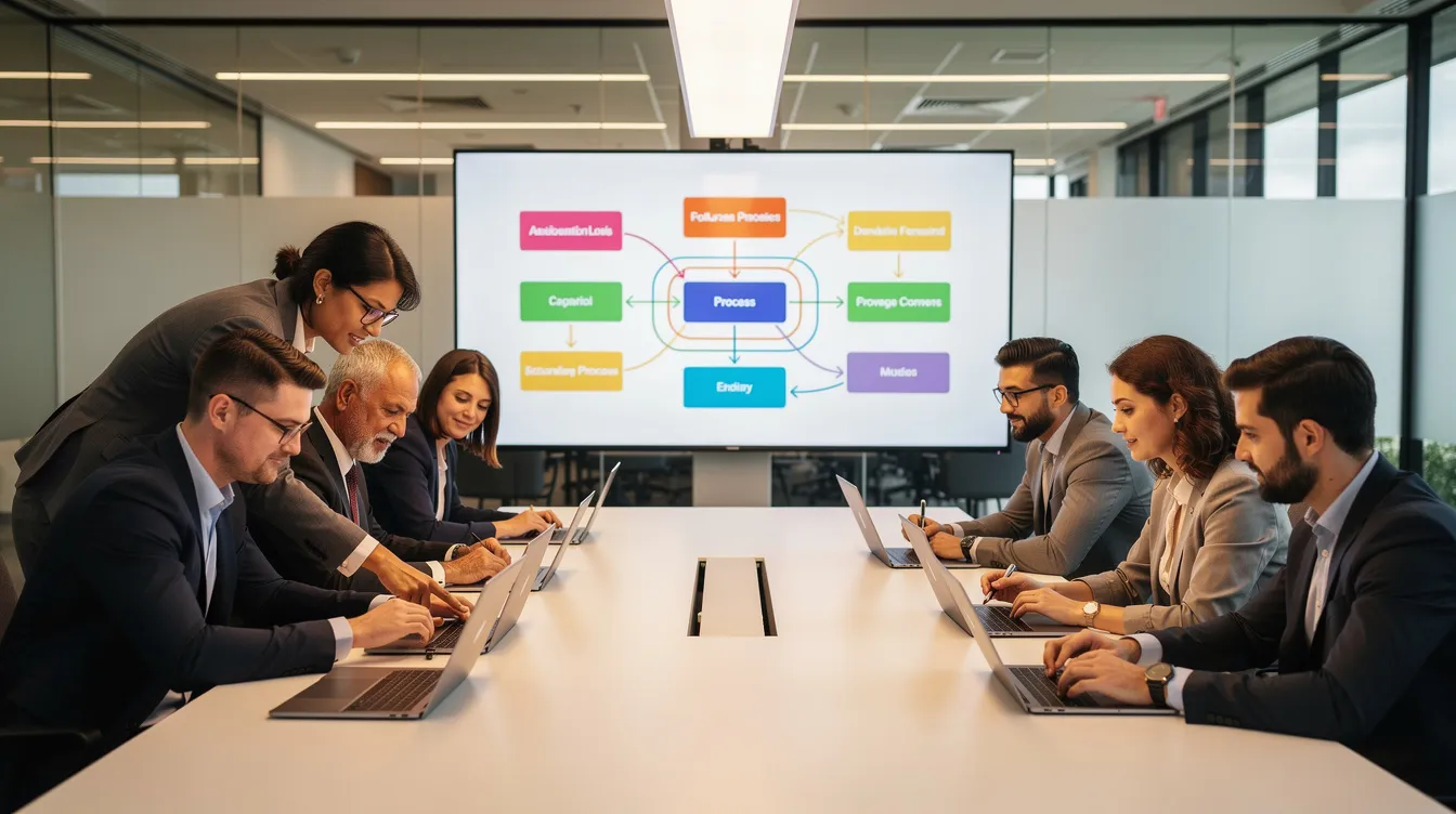 A diverse team of professionals collaborates at a conference table, equipped with laptops, while a large digital display showcases intricate workflow diagrams. This setting highlights the integration of AI tools in data analytics, emphasizing the importance of human oversight and critical thinking in the evolving AI era.