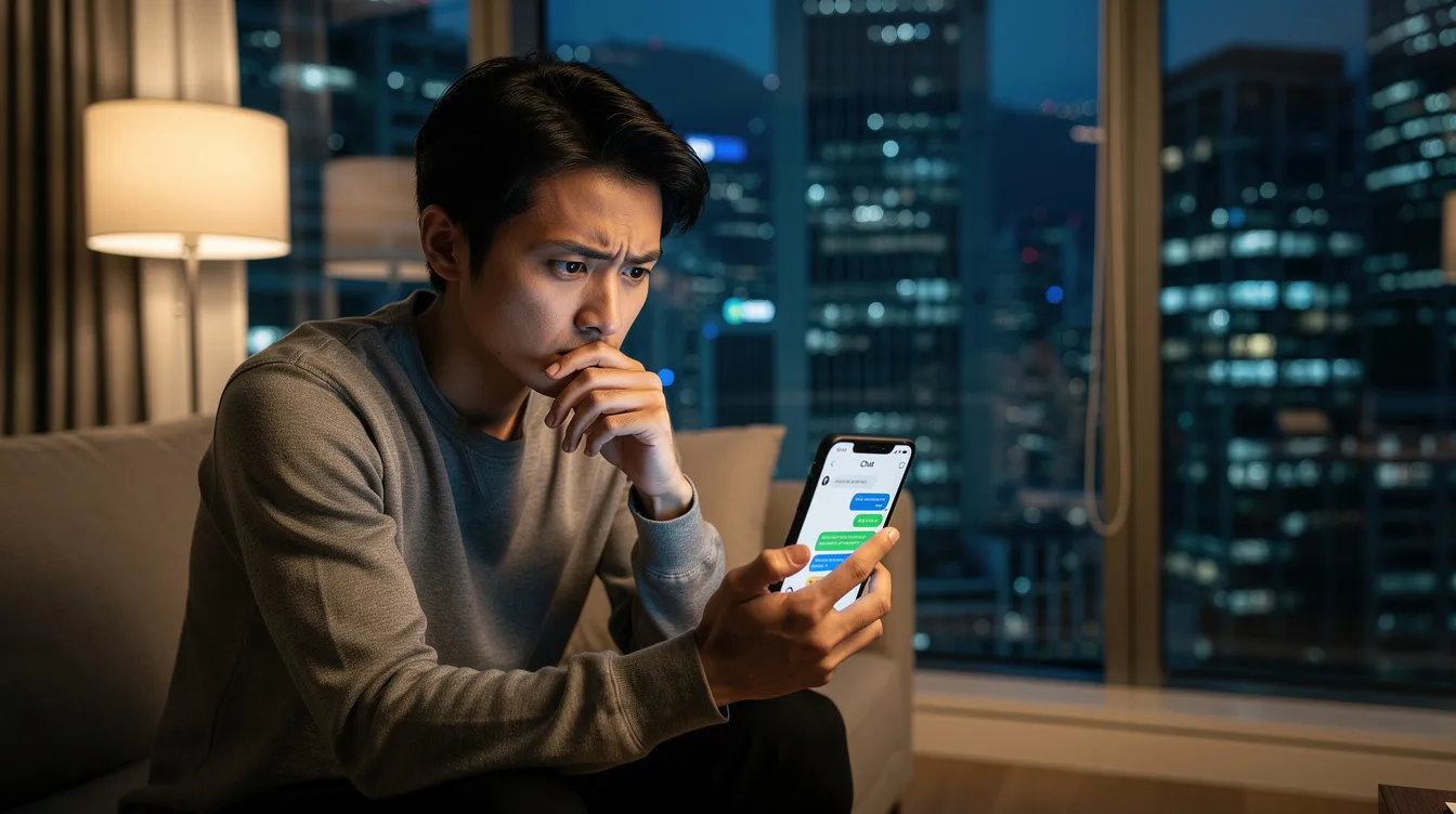 A person is thoughtfully holding a smartphone that displays a chat application, surrounded by a modern Hong Kong apartment. The expression on their face suggests caution, possibly due to concerns about scams involving their WhatsApp account and the risk of personal data leakage.