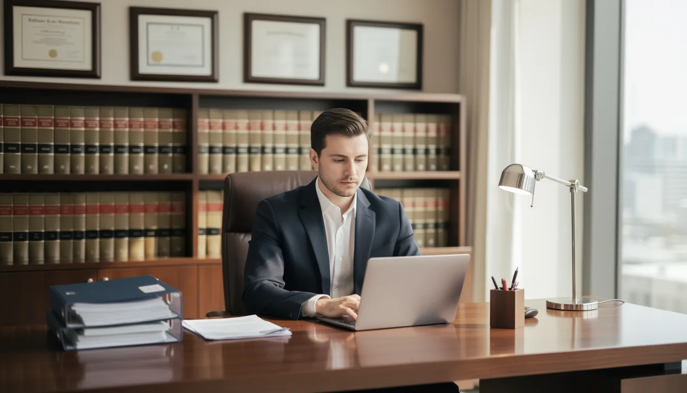 A professional attorney is seated at a desk in a well-organized law office, surrounded by legal books and documents, ready to provide legal assistance on family law and immigration matters. The attorney is focused on offering personalized attention to clients, ensuring their best interests are prioritized during the initial consultation.