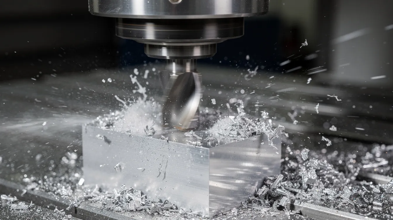 A close-up view of a CNC milling machine actively cutting into an aluminum block, with a visible spray of coolant to enhance the CNC machining process. The image highlights the precision and efficiency of CNC milling, showcasing the intricate details of the metal cutting and the removal of material to create custom CNC parts.