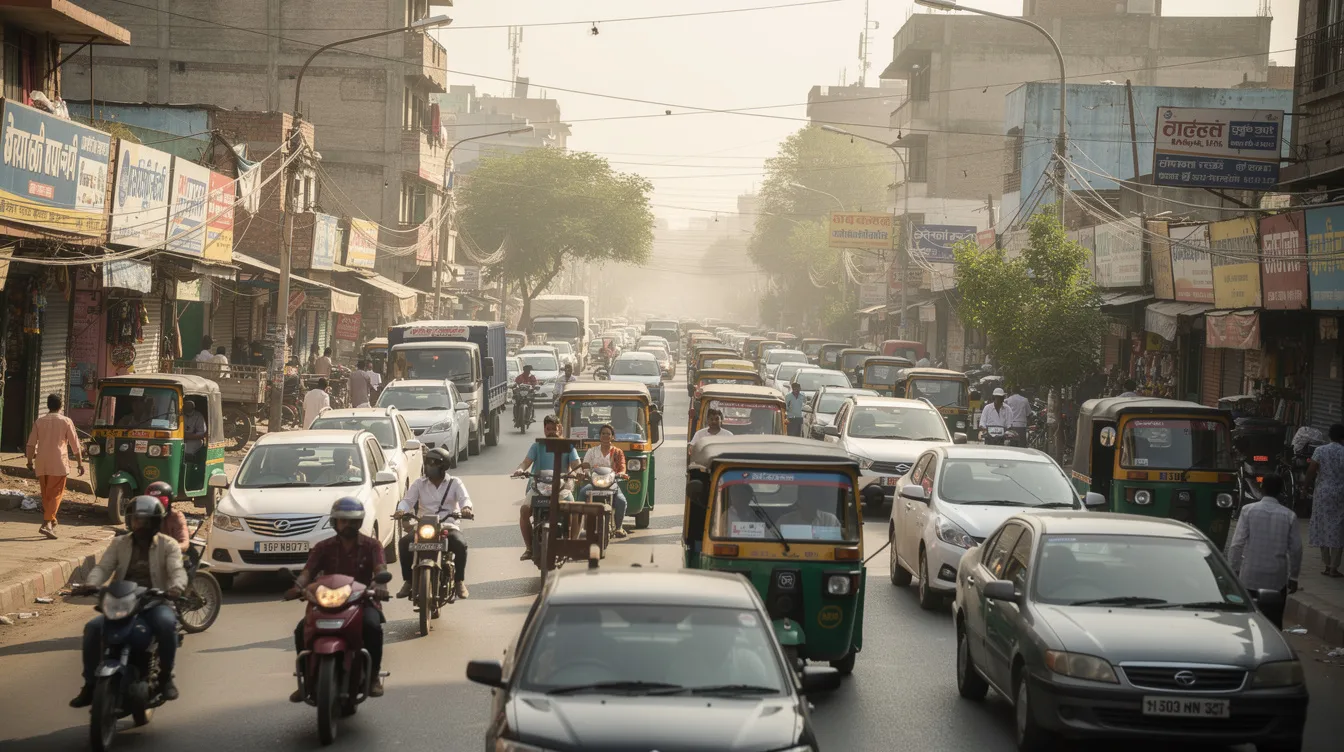 5d5711da df6a 4226 bc40 a53cae3ce3c1 The image depicts a bustling Indian city road filled with various vehicles, including cars, motorcycles, trucks, and auto-rickshaws, all navigating through heavy traffic. This scene reflects the vibrant automotive industry and the diverse transportation options available to vehicle owners in a competitive market.