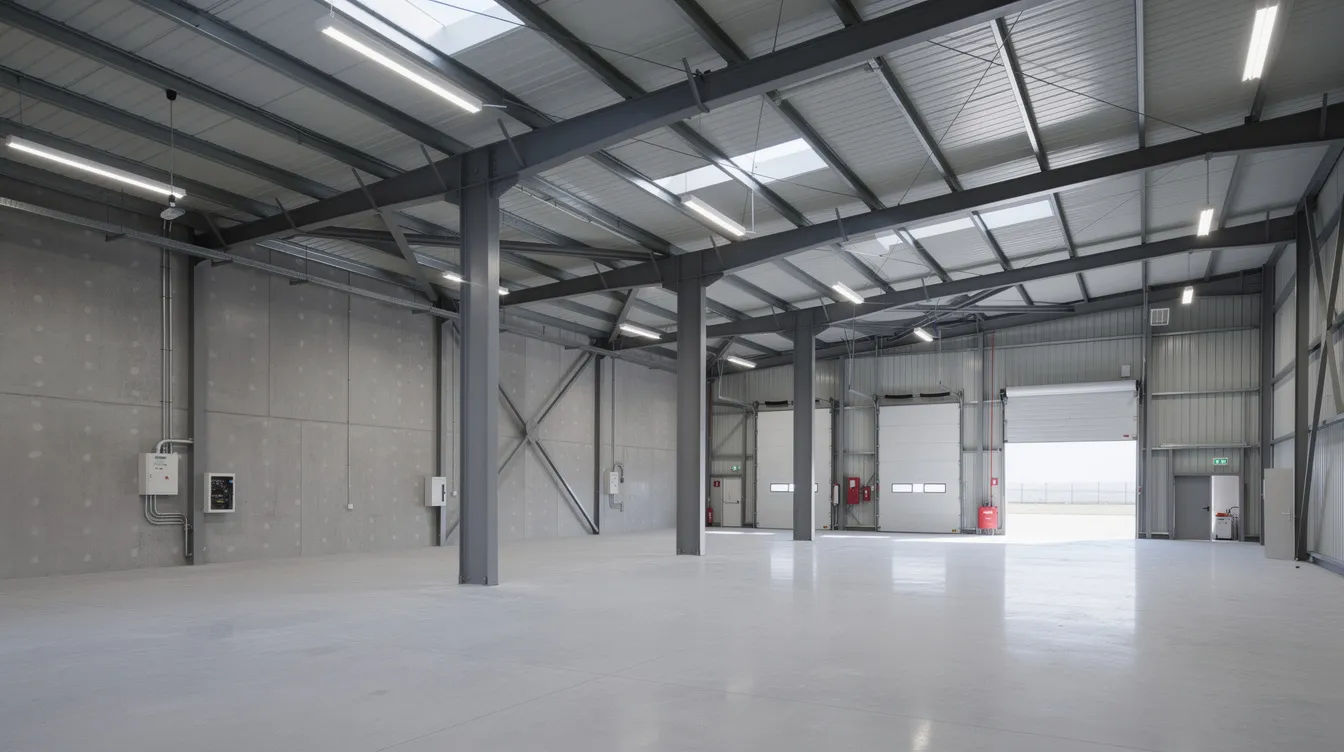 Interior view of an unfinished industrial shell with exposed steel framing, open floor space, and room for future tenant buildout.
