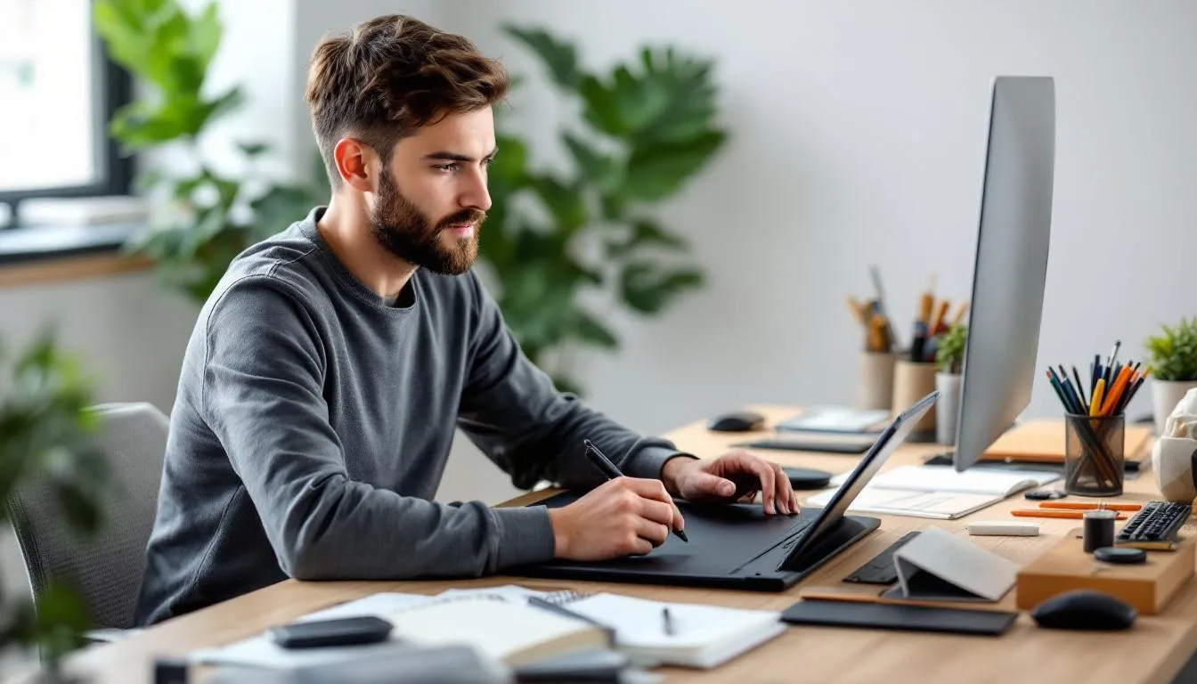 Na zdjęciu widoczny jest projektant pracujący nad projektem eleganckiego breloka na komputerze, korzystający z tabletu graficznego. W tle można dostrzec różne modele breloków reklamowych, które ilustrują szeroki wybór produktów oferowanych przez producenta breloków reklamowych.