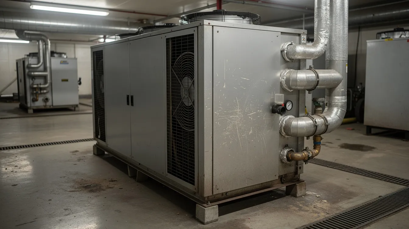 The image depicts a realistic water chiller situated in a real-world environment, showcasing its role in efficient cooling for industrial processes. This chiller, part of a larger HVAC system, is designed to remove excess heat and offers precise temperature control, contributing to energy efficiency in large commercial buildings.