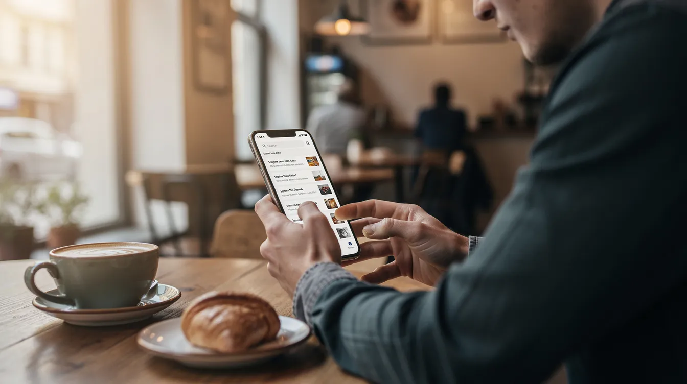 A person is sitting at a cafe table, scrolling through search results on their smartphone, engaging with the search engine results page. This scene highlights the growing trend of zero click search, where users seek instant answers without needing to click through to websites, reflecting the evolving landscape of digital marketing and user behavior.