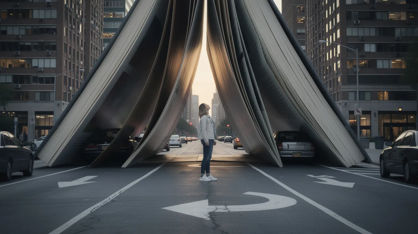 Eine junge Frau steht auf einer Straße, während sich die umliegenden Häuserblöcke wie die Seiten eines Buches nach oben klappen, was an die surrealen Traumwelten aus Christopher Nolans Film "Inception" erinnert. Diese beeindruckende Szene vermittelt ein Gefühl von Wissenschaftsfiction und spielt mit der Wahrnehmung von Realität und Traum.