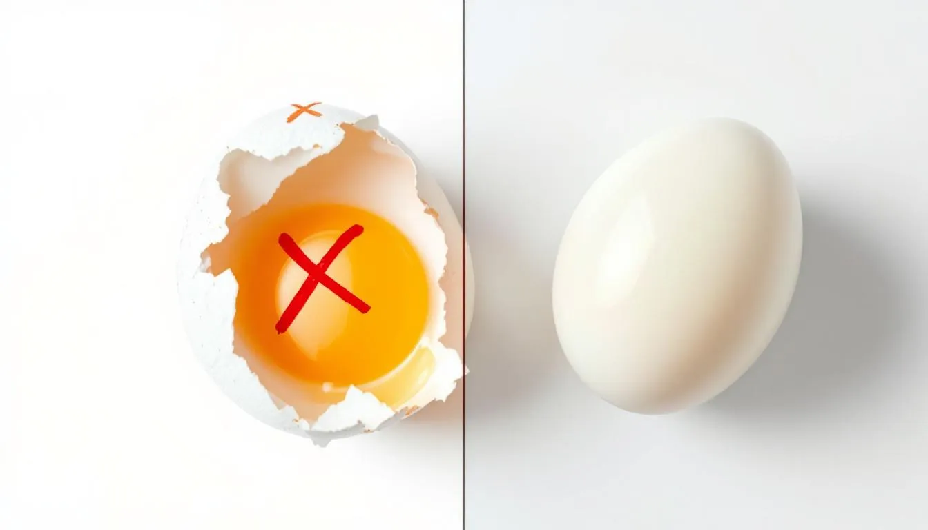 The image features a side-by-side comparison of raw eggs, which are marked with a warning symbol indicating potential risks like salmonella, and safely cooked eggs, highlighting their benefits as a healthy treat for dogs. This visual emphasizes the importance of cooking eggs properly before feeding them to dogs to ensure a balanced diet and avoid health issues.