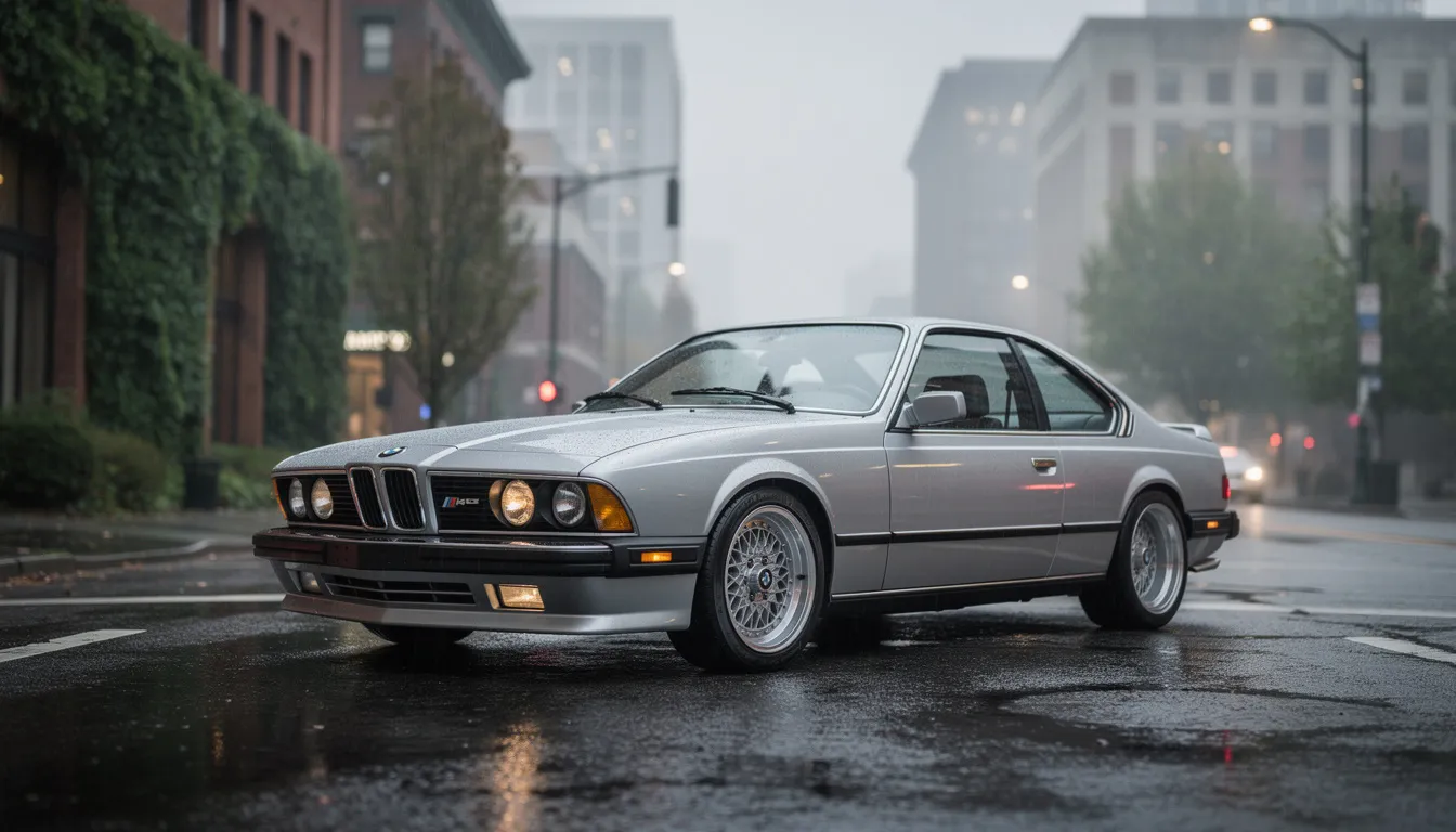 A silver BMW E24 6 Series coupe is parked in a vibrant urban setting of the Pacific Northwest, showcasing its pristine condition and classic design. This vehicle, a favorite among enthusiasts, reflects the quality and expertise that comes with proper BMW service and maintenance.