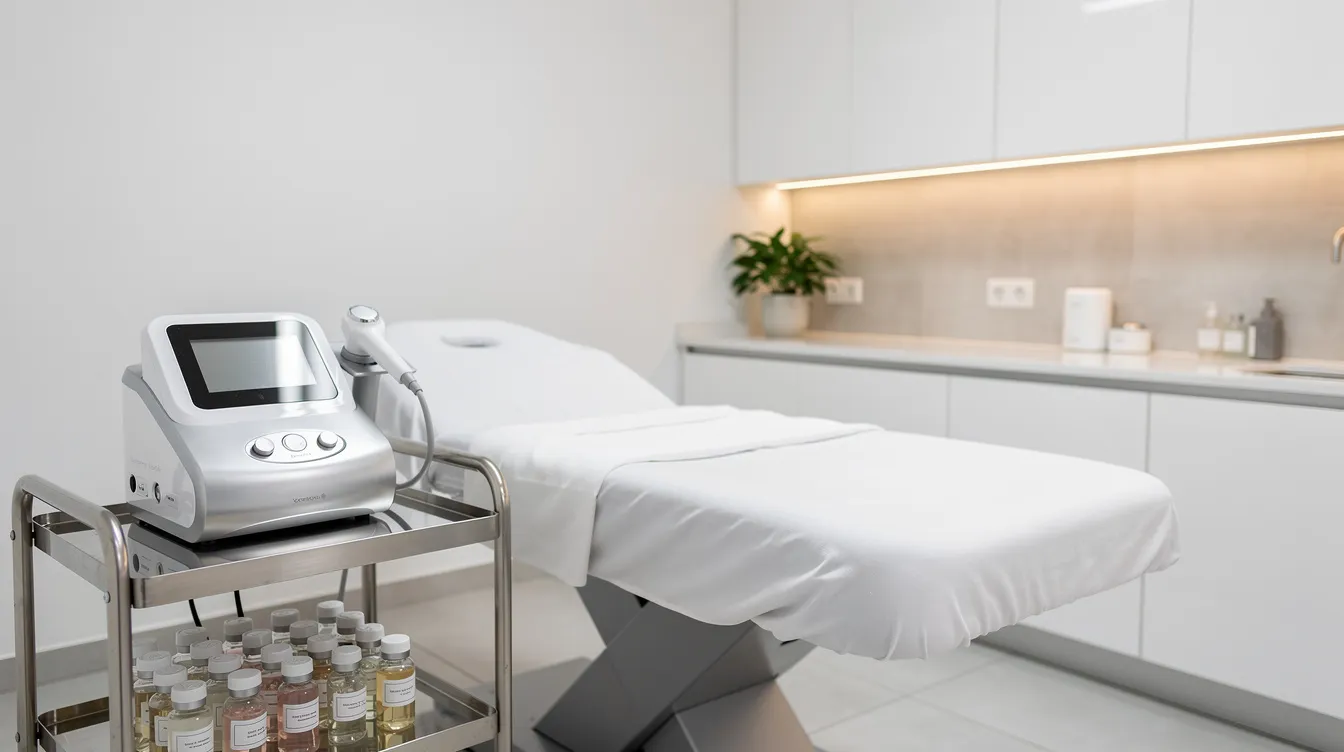 The image depicts a modern medical spa treatment room featuring a neatly arranged tray of injectable vials alongside a radiofrequency device, all set against clean white surfaces and soft lighting, creating a serene environment for body contouring procedures. This space is designed for various treatments aimed at achieving smoother contours and enhancing body proportions.