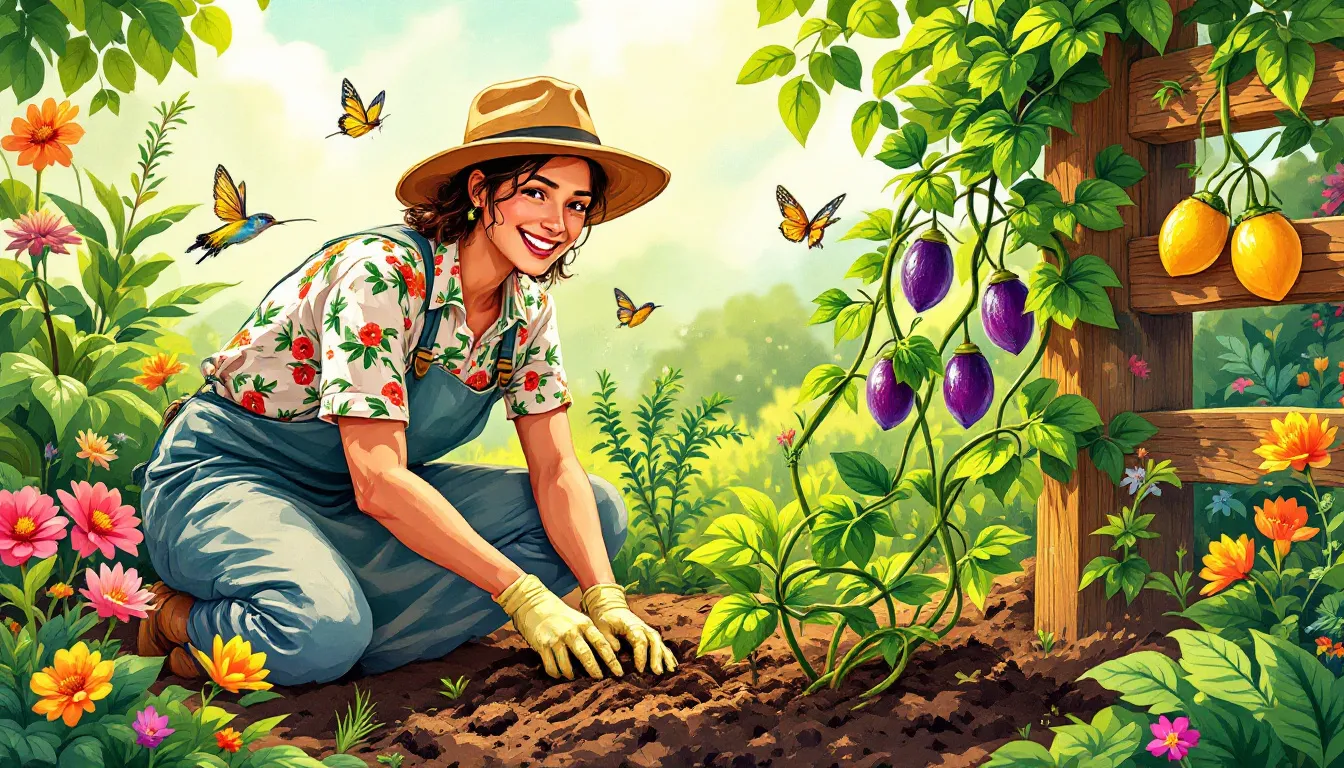Planting passion fruit vines in a garden.