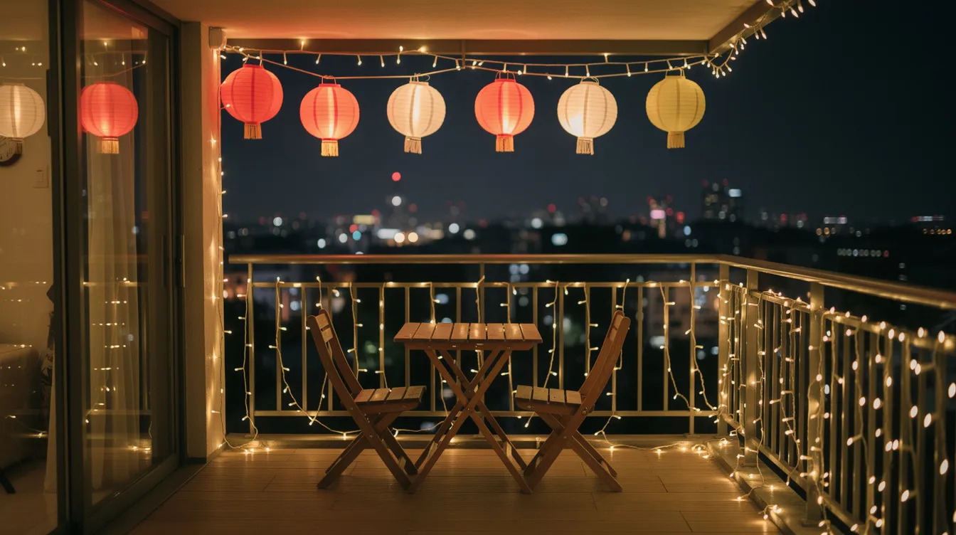 The image features a cozy night balcony adorned with warm fairy lights and vibrant red and white lanterns, creating a festive atmosphere perfect for celebrating Singapore's National Day. The soft glow of the lights enhances the ambiance, inviting residents to reflect on the country's unity and independence during the celebrations.