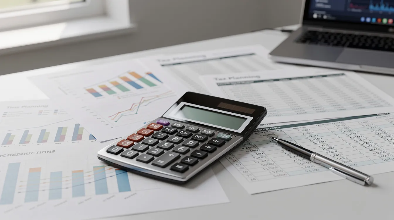 The image features a calculator placed next to various financial charts and tax planning documents, illustrating essential elements of effective corporate tax planning. The documents likely include details on taxable income, tax deductions, and strategic tax planning to help manage tax liabilities and optimize business growth.