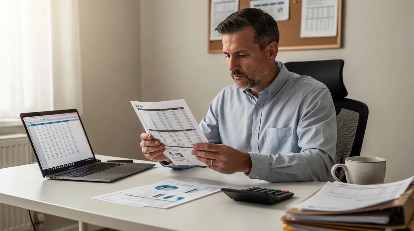 5d657e63 0bb7 4b21 a2dc b2e74b2e7970 A small business owner is seated at a simple office desk, intently reviewing financial documents related to his business loans. The scene captures the essence of managing finances, highlighting the importance of having a satisfactory credit track record for accessing financial assistance through schemes like the Pradhan Mantri Mudra Yojana.
