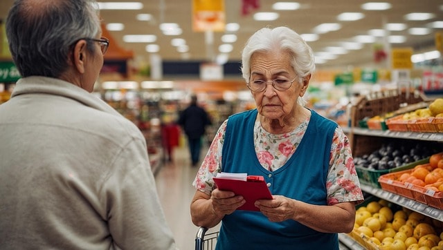 senior, pensioner, supermarket, shopping, inflation, price list, costs, pension, worries, shopping list, old, old age, poverty, fruit, cost of living, ai generated