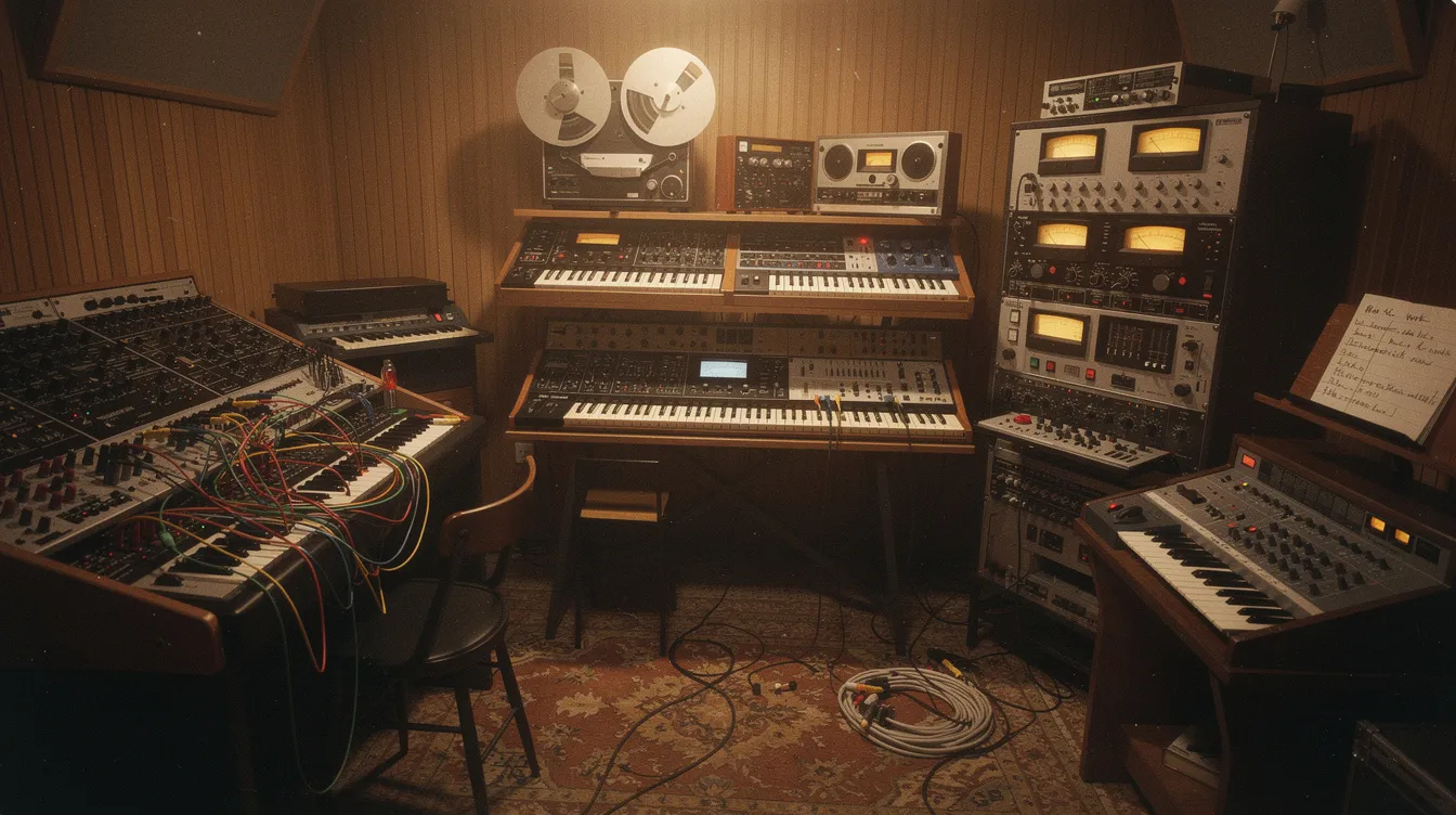 Das Bild zeigt einen Vintage-Synthesizer und verschiedene analoge Musikgeräte in einem kleinen Tonstudio aus den 1980er Jahren. Die Geräte sind liebevoll arrangiert und erinnern an die Ära, in der Filmmusik von Komponisten wie Hans Zimmer populär wurde.