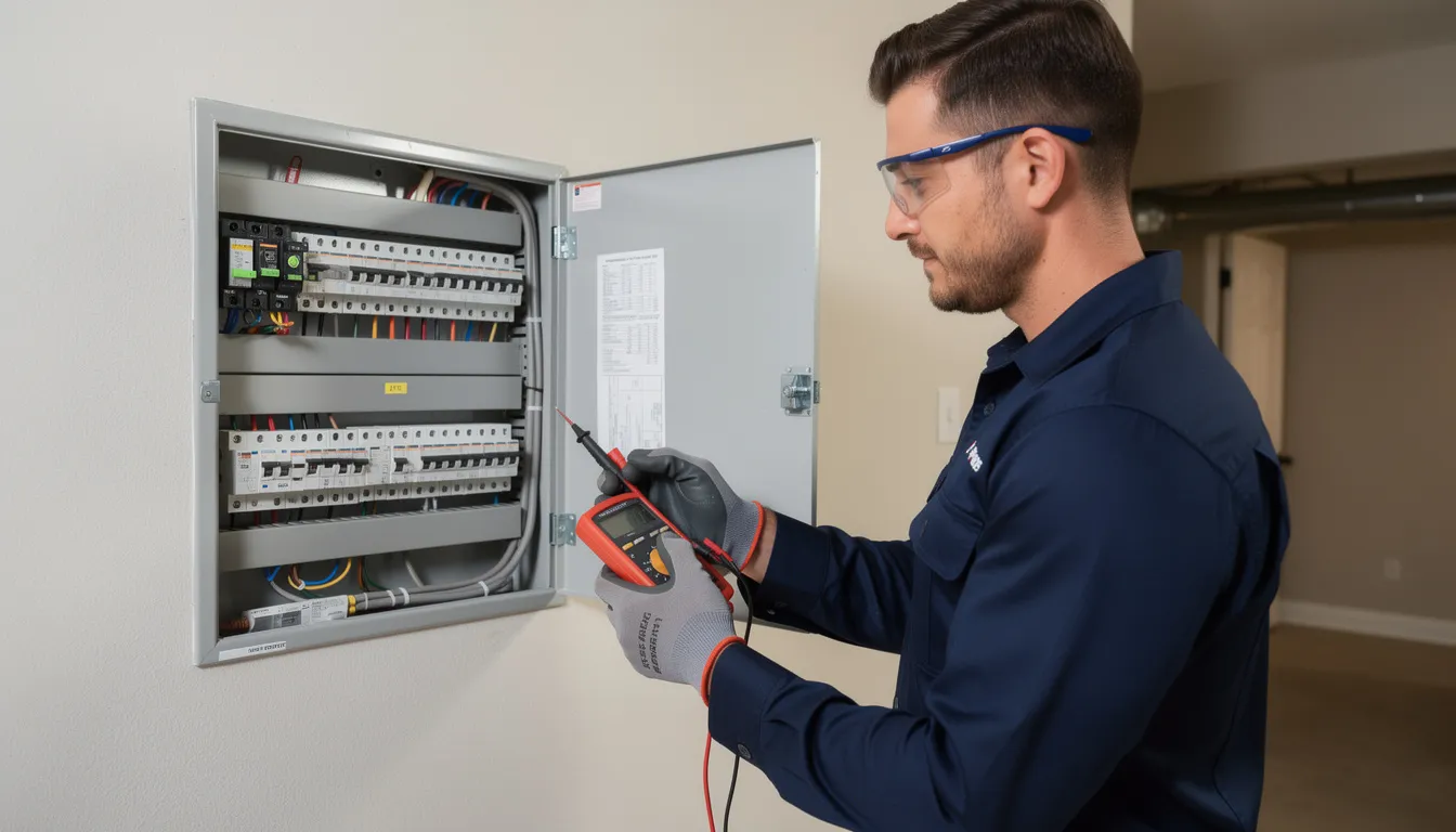 A licensed electrician is inspecting a residential electrical panel filled with circuit breakers, ensuring that the electrical system meets local building codes and safety standards. This examination is crucial for the safe operation of electrical appliances, including a home sauna, and involves checking for proper wiring and compliance with the national electrical code.
