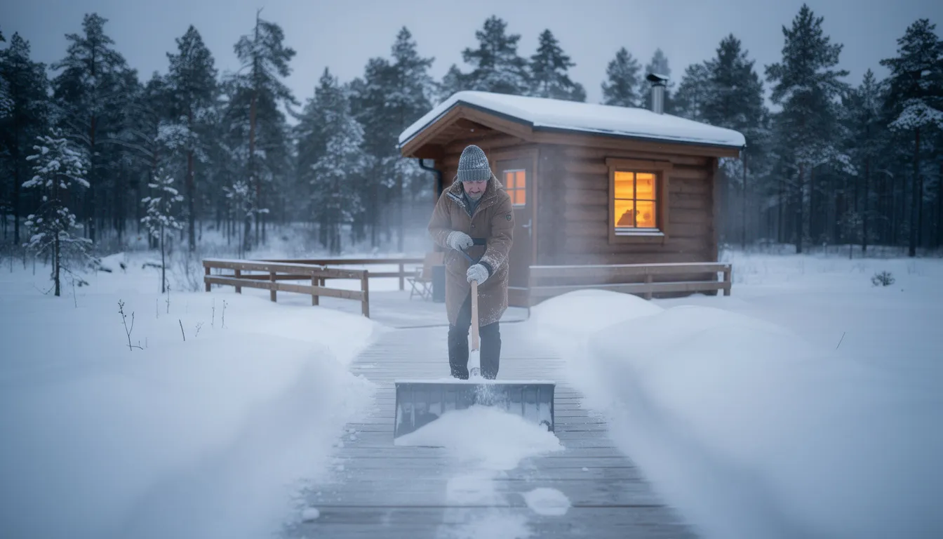 A person dressed in warm clothes is clearing snow from a wooden deck pathway that leads to a cozy sauna cabin, set within a serene backyard wellness retreat. The scene captures the essence of an outdoor wellness space, emphasizing the importance of creating safe passage for relaxation and rejuvenation.