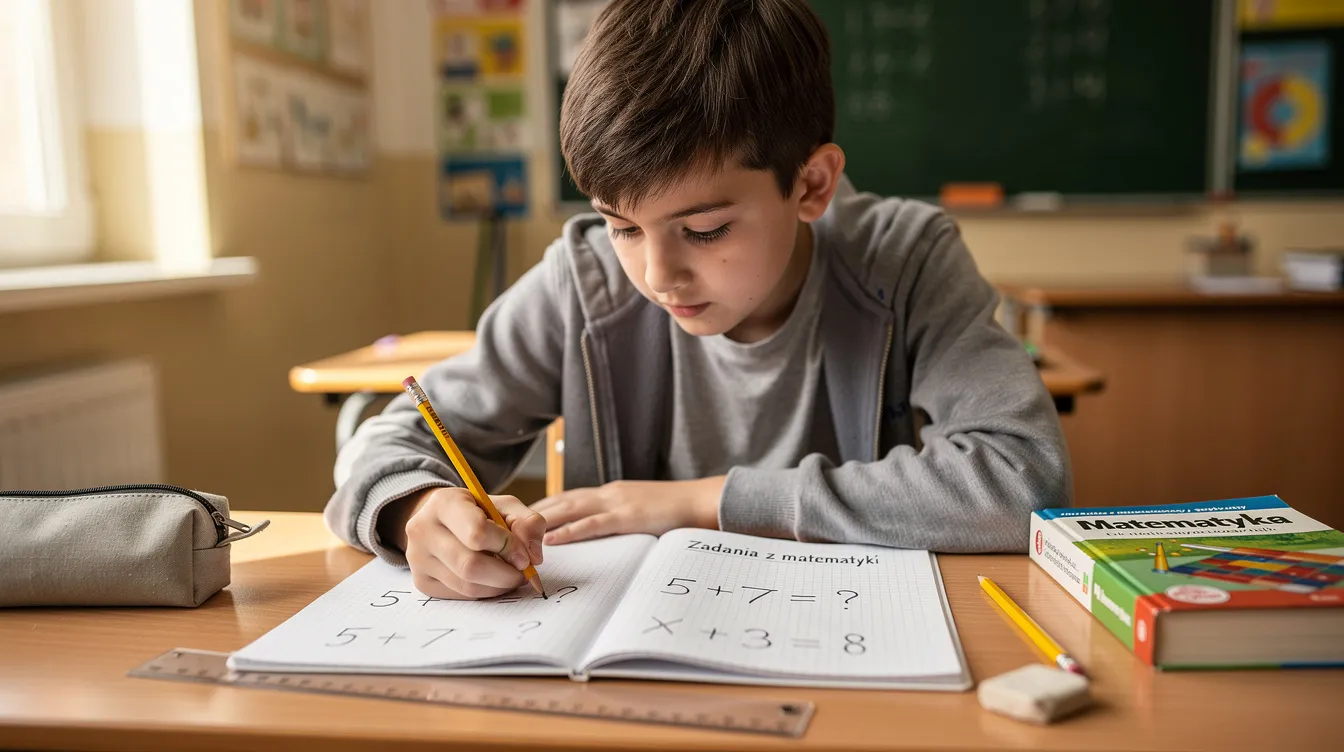 Na obrazku widzimy ucznia siedzącego przy biurku, który intensywnie pracuje nad rozwiązaniem zadań matematycznych w zeszycie, używając ołówka. Uczeń stosuje podstawowe zasady kolejności działań, aby poprawnie obliczyć wyniki, z uwzględnieniem mnożenia i dzielenia.