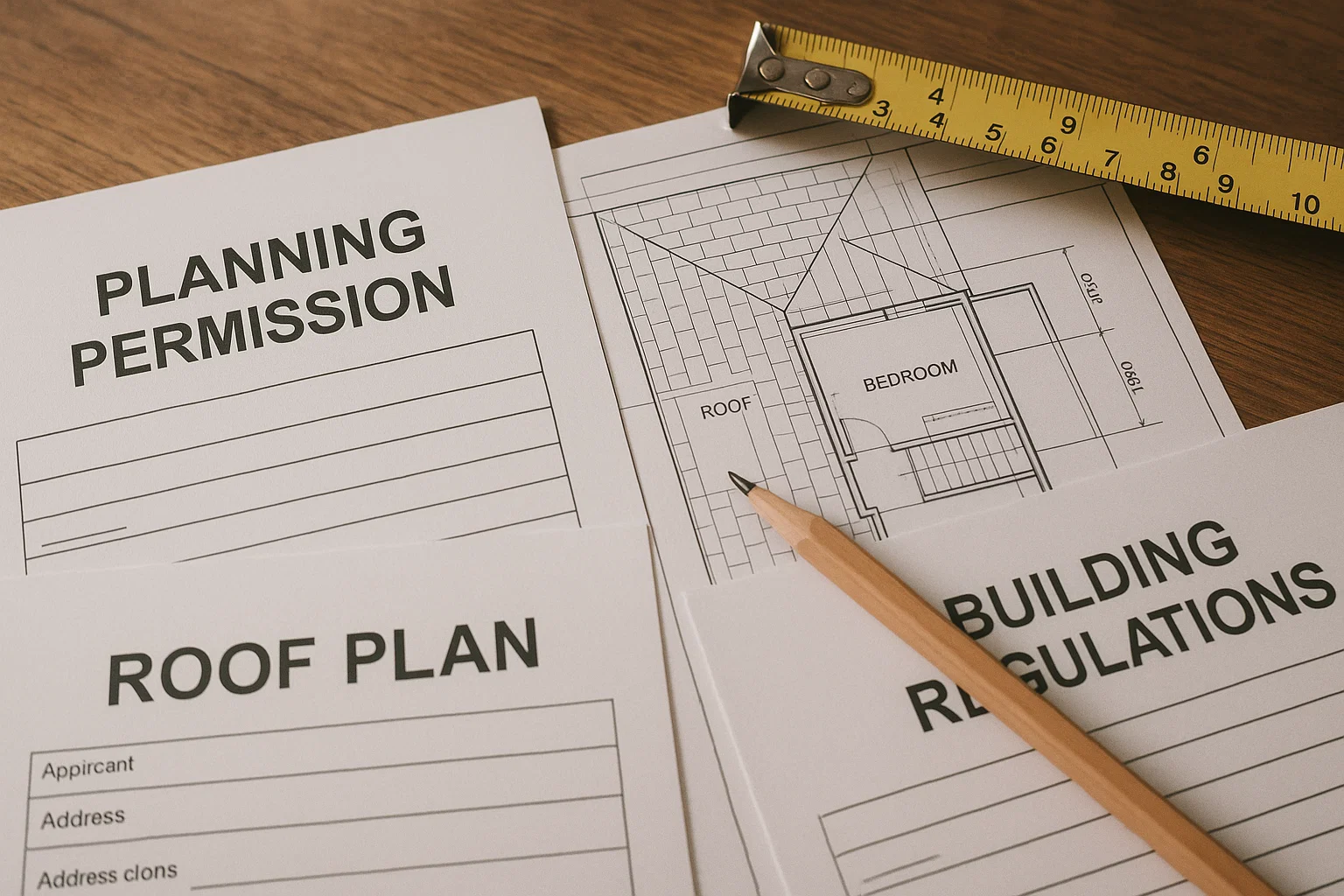 Architectural plans and planning permission paperwork laid out for a UK roofing project.