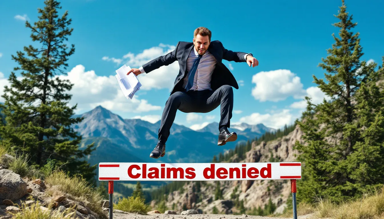 A determined lawyer is depicted leaping over a hurdle labeled "claims denied," holding paperwork in one hand, with a picturesque Colorado landscape in the background. This image symbolizes the challenges faced in workers compensation law and the pursuit of justice for injured employees seeking financial compensation for their claims.