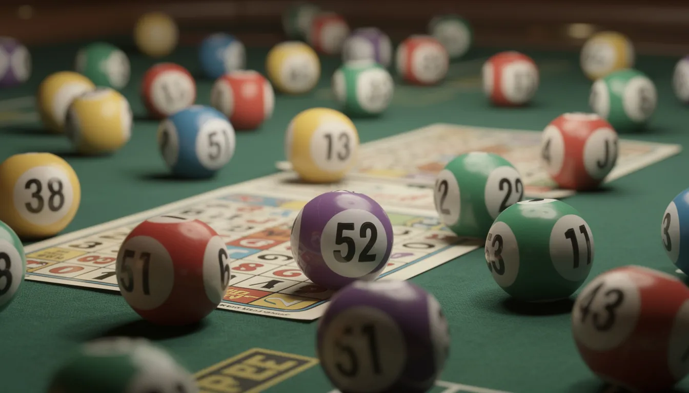 Vibrant assortment of colorful bingo balls scattered on a gaming table.