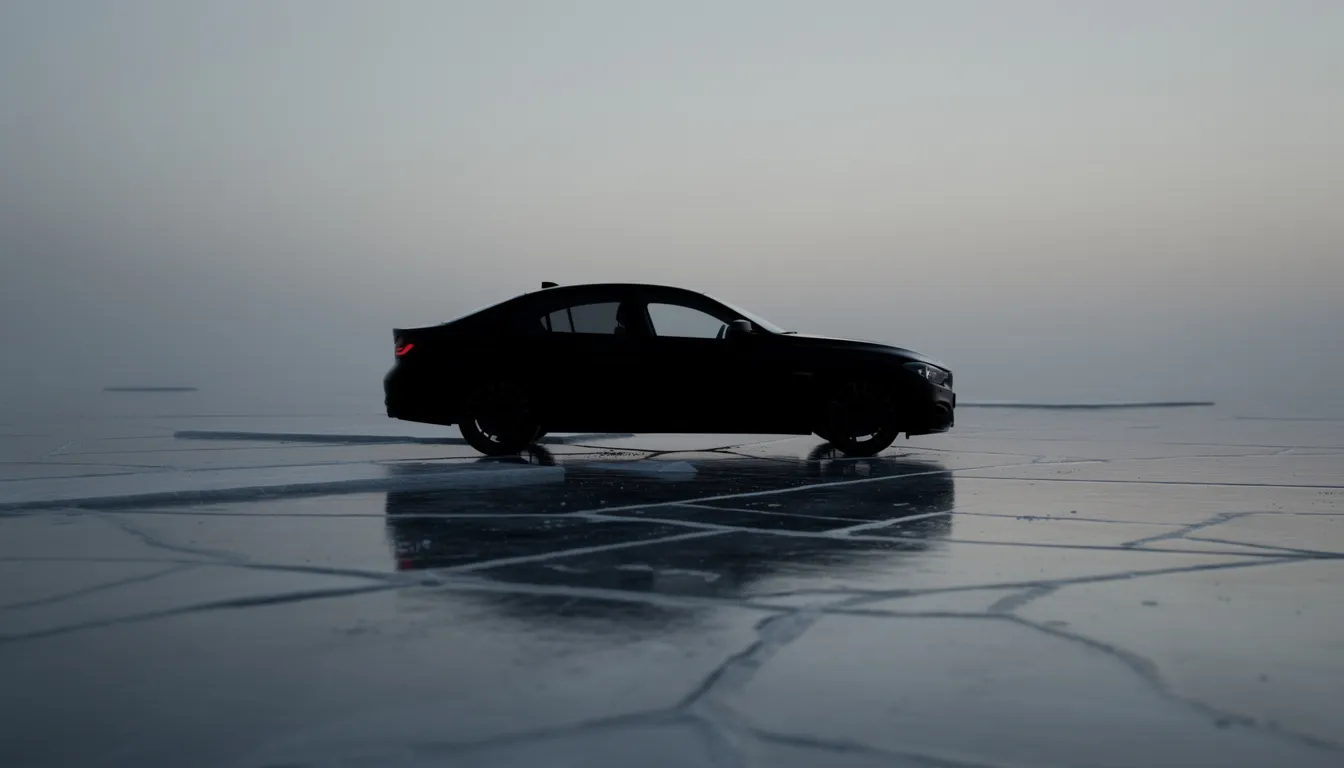 The image features a simple silhouette of a car on a glossy, icy road surface, highlighting the challenges of winter driving conditions. This visual serves as a reminder of the importance of installing winter tires and being prepared for potential minor car accidents, such as fender benders, during the winter season.