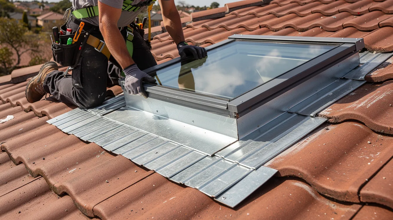 A professional roofer is installing new step flashing around a glass skylight on a residential tile roof, ensuring a watertight seal to prevent future leaks. The image highlights the careful placement of flashing to address any issues related to improper installation and maintain energy efficiency.