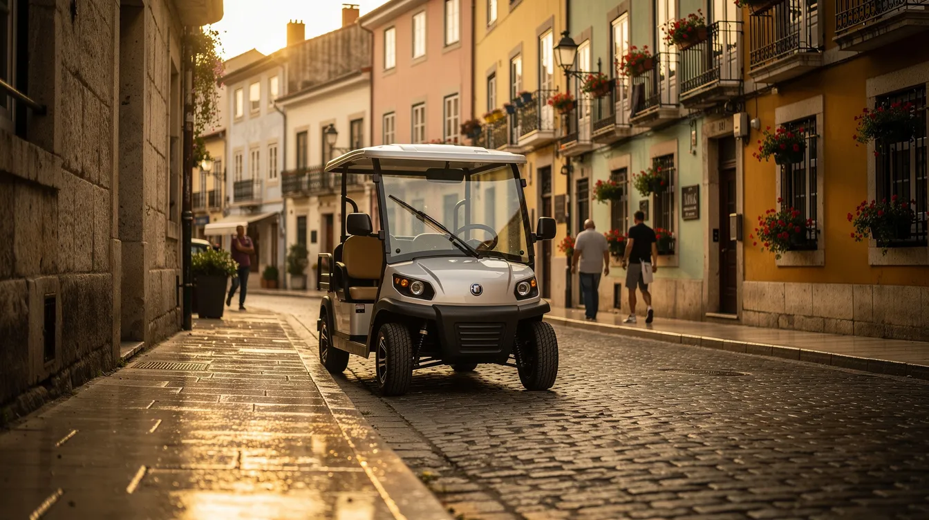 Um carrinho elétrico percorre as ruas de paralelepípedo de um bairro histórico europeu, evocando a rica história da cidade, como a de Cracóvia, famosa por seus pontos turísticos e pela história judaica. Ao fundo, podem-se ver edifícios antigos que fazem parte do centro histórico, criando um ambiente encantador e cultural.
