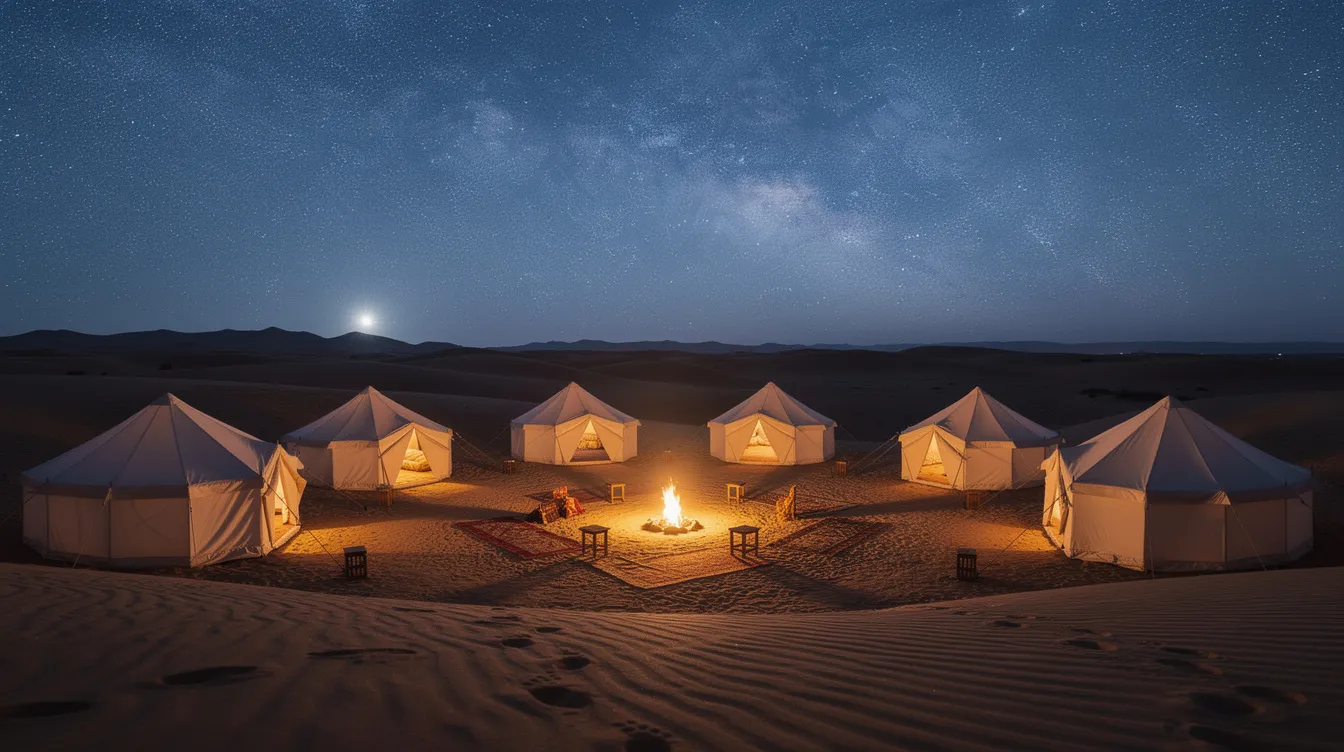 A traditional desert camp featuring white tents is set against a stunning star-filled night sky, capturing the serene beauty of the Sahara Desert. This enchanting scene is perfect for those looking to experience a memorable desert tour from Marrakech to Fes, complete with camel rides and the charm of Berber culture.