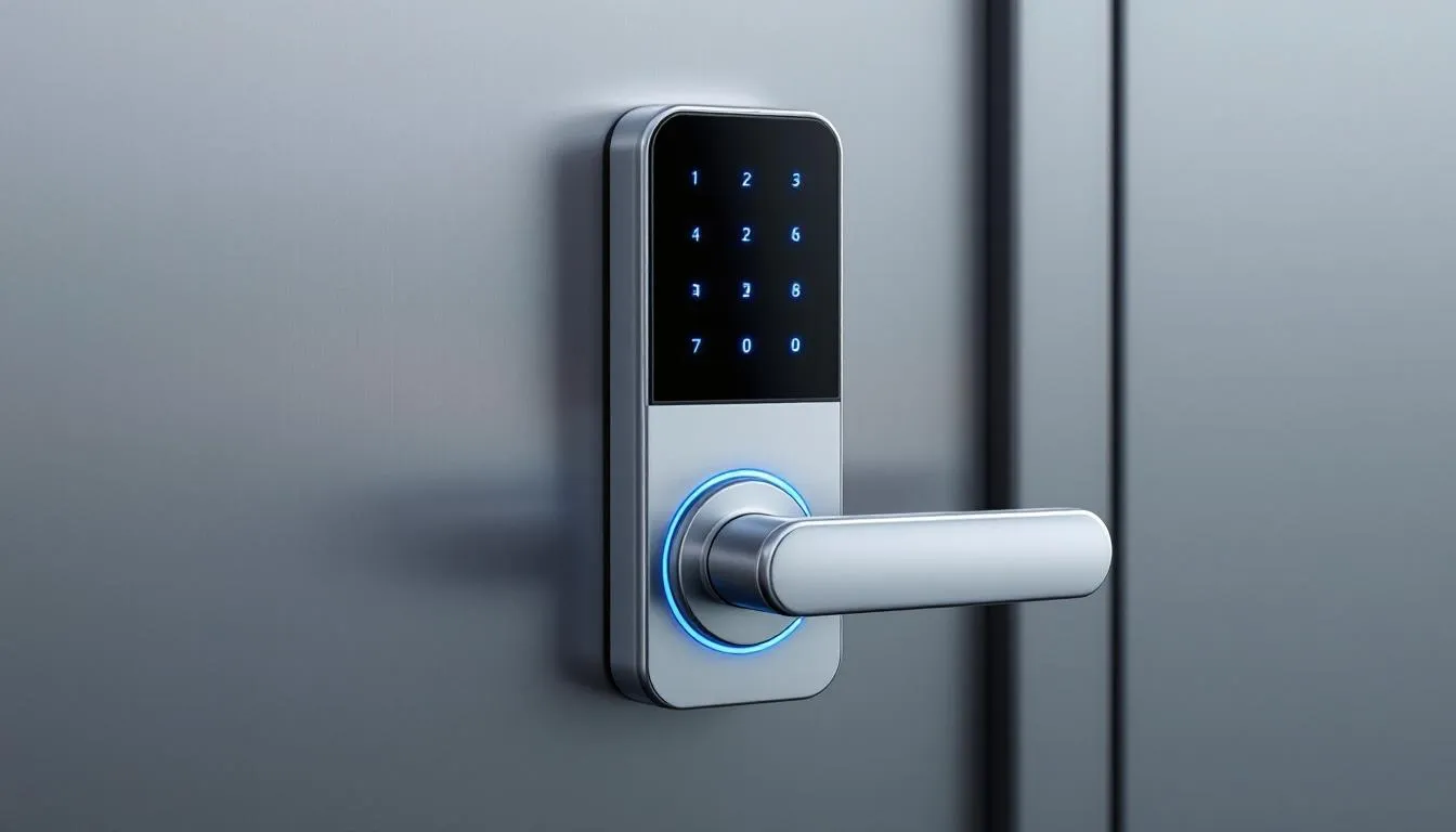 A digital lock on a door, emphasizing its importance in commercial security.